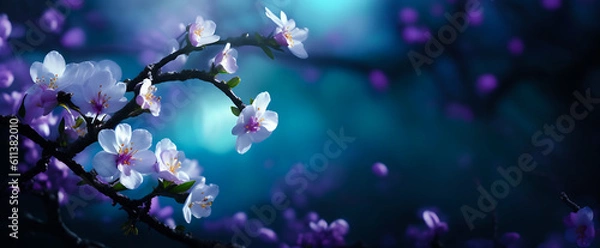 Fototapeta almond blossom bunch of flowers on a tree Blue white  color Created with generative AI