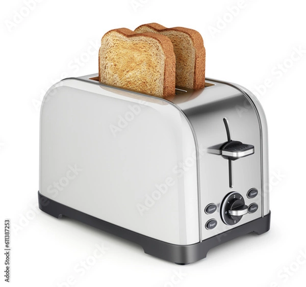 Fototapeta White toaster with toasted bread on white background - 3D illustration
