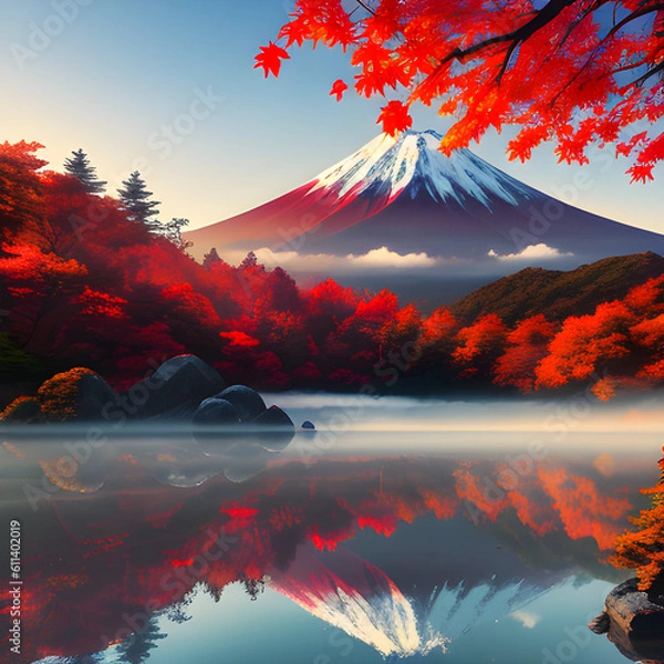 Fototapeta Colorful autumn season and Mount Fuji with morning mist and red leaves at Lake Kawaguchiko in Japan. generative AI