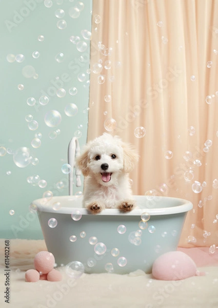 Obraz Cute Maltipoo dog in a small bathtub with soap foam and bubbles, cute pastel colors.