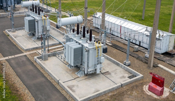Fototapeta Top view of a high voltage substation with switches and disconnectors.
