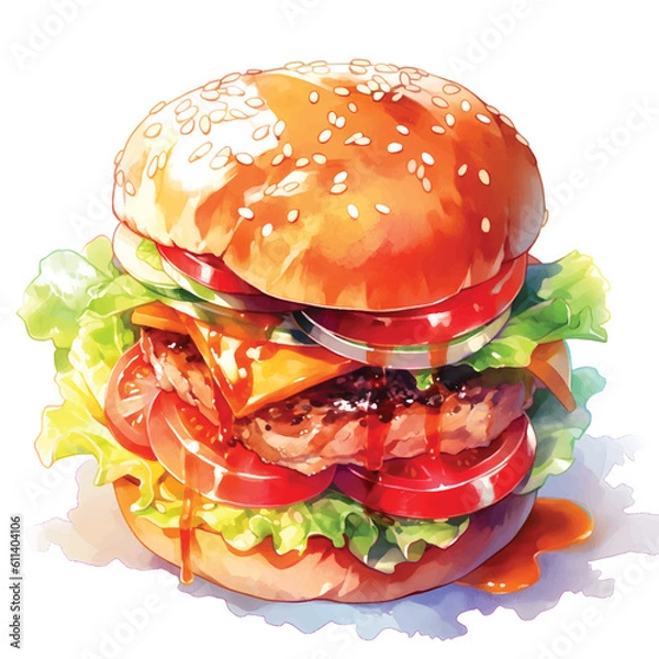 Obraz Cheeseburger watercolor painting white backgroung vector generate with ai 