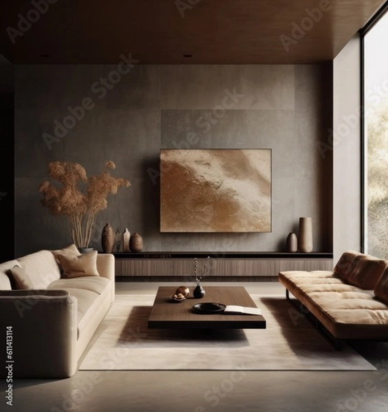 Fototapeta Detailed View of an Elegant Living Room with Plush Sofa and Television Setup.