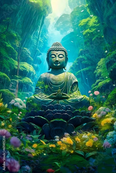 Fototapeta A buddha statue sitting on top of a lush greenery. Generative AI