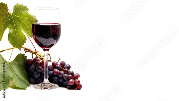 Fototapeta Wine banner with glass of red wine and red vine on white background