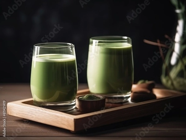 Fototapeta Matcha in glass on wooden tray, Japanese drinks. Generative AI