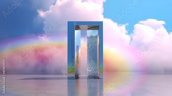 Fototapeta an abstract png with a door under a rainbow cloud. Generative AI.