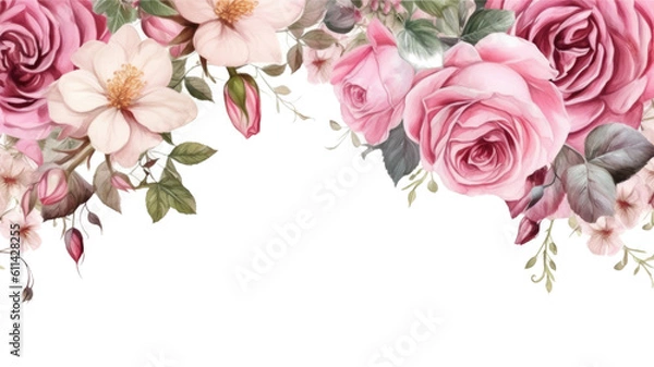 Fototapeta frame border with hand-drawn blooming roses isolated  on a transparent background, generative ai