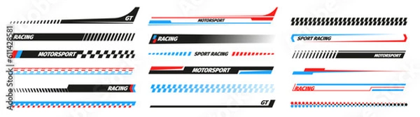 Fototapeta Sport racing stripes. Turbo power, speed and drift vinyl decal for car bike and truck. Vector race car stickers isolated set. Vehicle red and blue tuning, motor transport modification