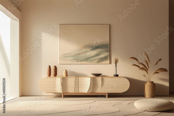 Fototapeta An ivory sideboard with a floor rug in front in a minimalistic composition. Soft shading, soft colors and natural light. Generative AI