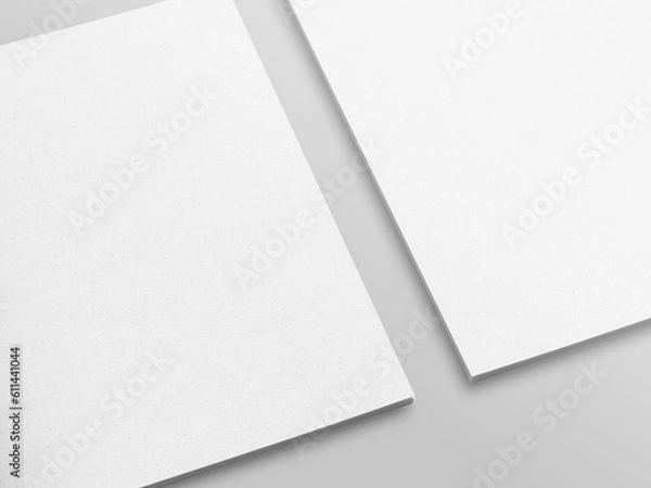 Fototapeta Realistic top view cover and opened portrait A4 or A5 magazine or brochure booklet for stationery and branding. Mockup template isolated light grey background and leaf shadow overlay. 3D rendering.