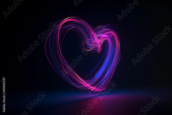 Fototapeta An image of a minimalist neon heart shape with bright purple and magenta tones against a clean navy blue background.