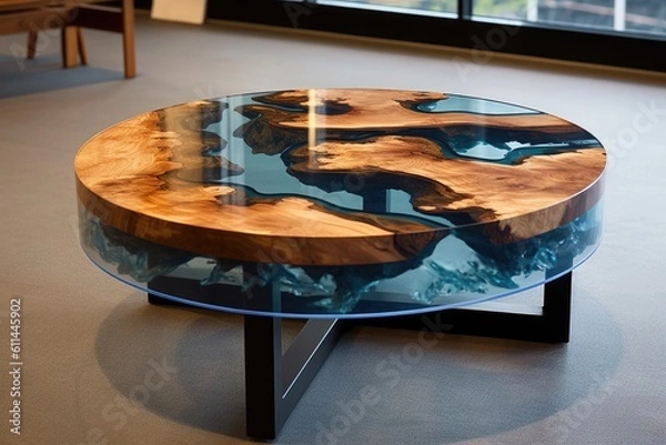 Fototapeta Coffee table by epoxy resin while drinking really cool coffee time. Generative AI Technology 