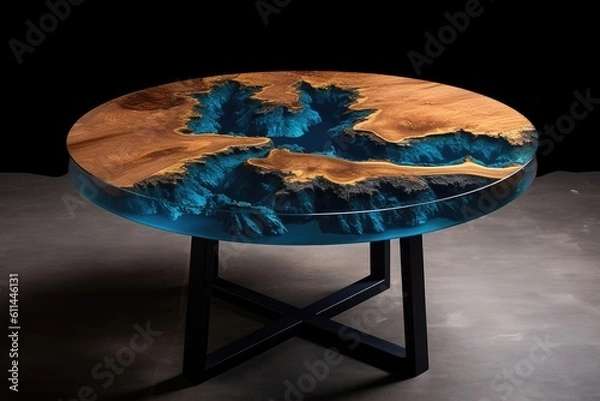 Fototapeta Coffee table by epoxy resin while drinking really cool coffee time. Generative AI Technology 
