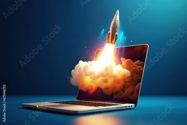 Obraz Rocket coming out of laptop screen, innovation and creativity concept, background. Generative AI