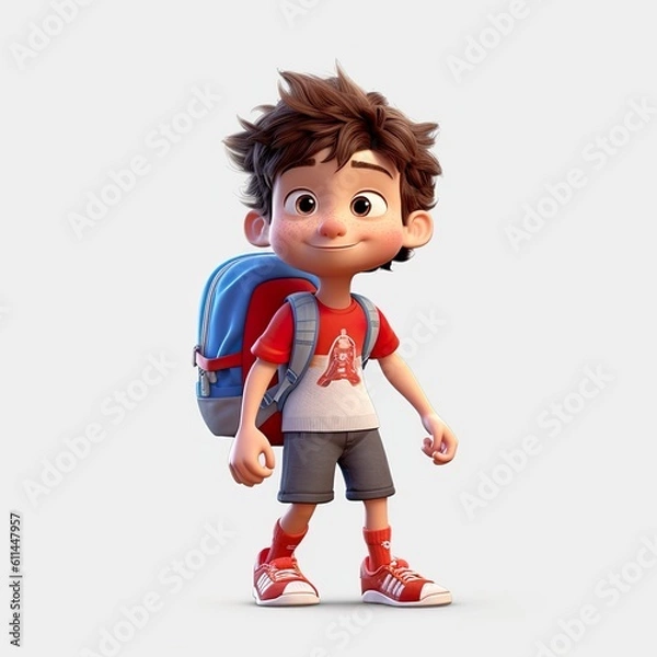 Fototapeta Cute boy 3D style, on the way to school - generative AI illustration