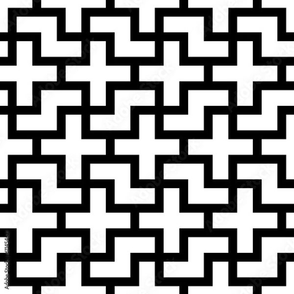Fototapeta Repeated white puzzle on black background. Seamless surface pattern design with logic mosaic ornament. Tetris motif. Grid wallpaper. Digital paper for page fills, web designing, textile print. Vector.