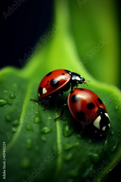Fototapeta ladybug on green leaf generative AI