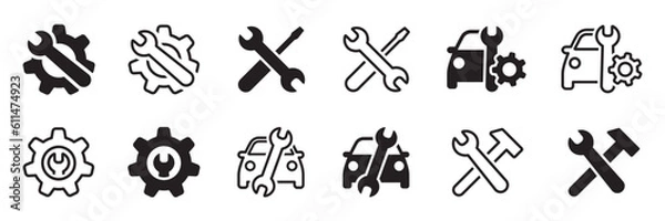 Obraz Set of car service icons. Tools, screwdriver, wrench, hammer, gear, car, repair. Auto service signs. Diagnostic, garage, engine. Vector.