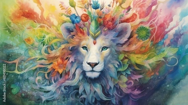 Fototapeta Watercolor painting, magic weaves through the foliage, transforming ordinary animals into fantastical beings with vibrant hues. Generative AI