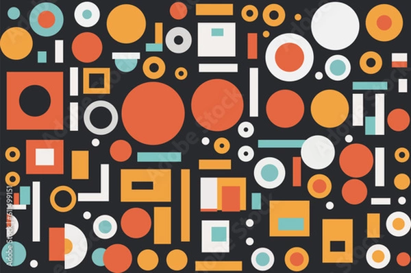 Fototapeta Minimal artwork of random geometric shapes with muted colors against a dark gray background.