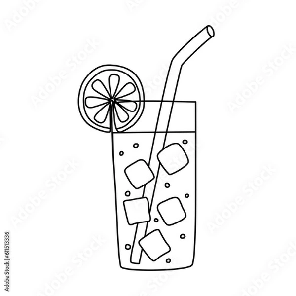 Obraz Soft drink, juice, summer cocktail with ice cubes in glass, doodle vector outline for coloring book