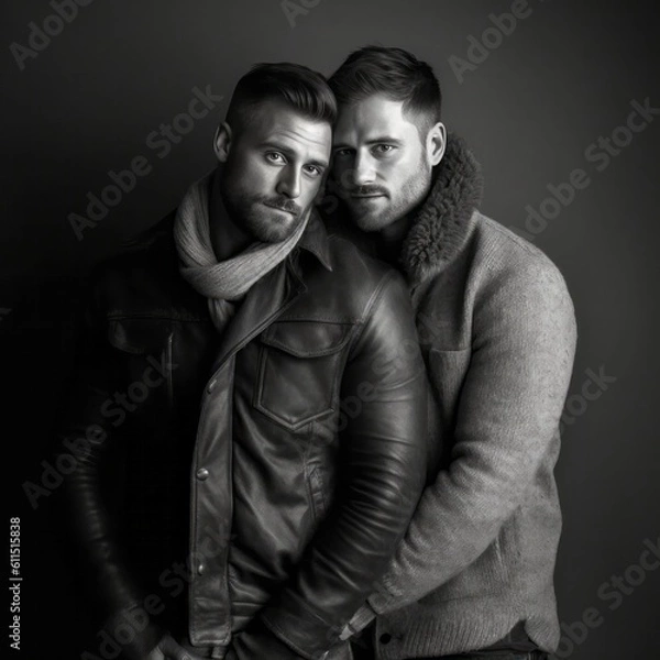 Obraz Black and white image of gay male couple in loving embrace, generative Ai