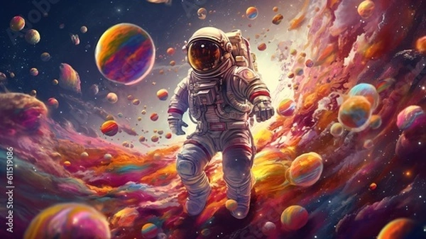 Obraz Flying Astronaut or spaceman on candy outer space