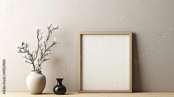 Fototapeta Minimalist workstation with copy space, ceramic vase embellishments, and mock-up frame Generative AI