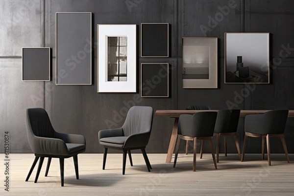 Fototapeta mock-up of a poster gallery wall with six frames in a space that is entirely pastel black and dark gray, with a single chair and no plants. Generative AI
