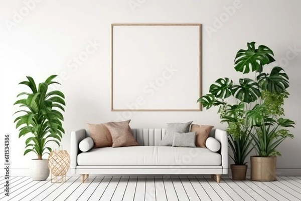 Fototapeta Decorated Scandinavian room with white plank flooring, cozy sofa, and indoor plants. Isolated Empty Frame Over Sofa for Interior Mockups and Art & Print Mockups. Generative AI