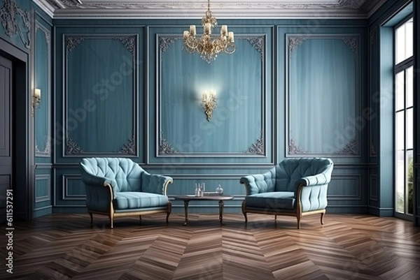 Fototapeta Two armchairs and a blue couch are in an apartment's interior. The floor is parquet. mockup copy space for a wall Generative AI