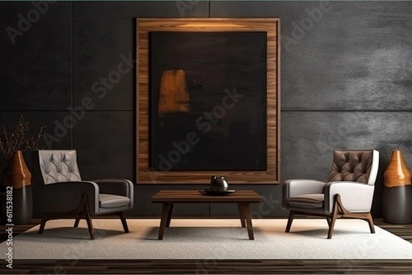 Fototapeta Grey living room decor with two armchairs, a ledge in the basement, and a coffee table. Empty canvas on dark wood wall. a sitting idea for the living room. a mockup Generative AI