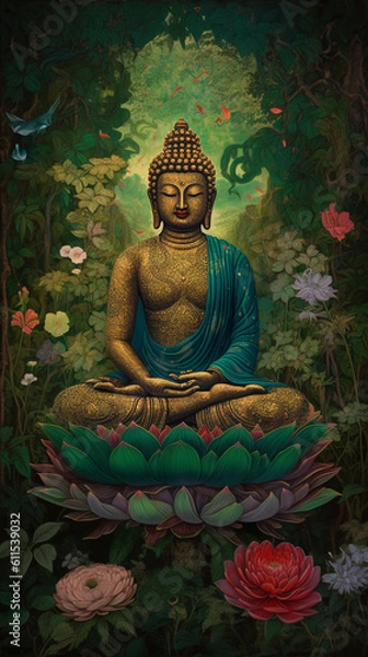 Obraz A magnificent Great Buddha depicted in Thangka style, emanating a sense of serenity and enlightenment, with intricate details on the facial features .Generative AI.
