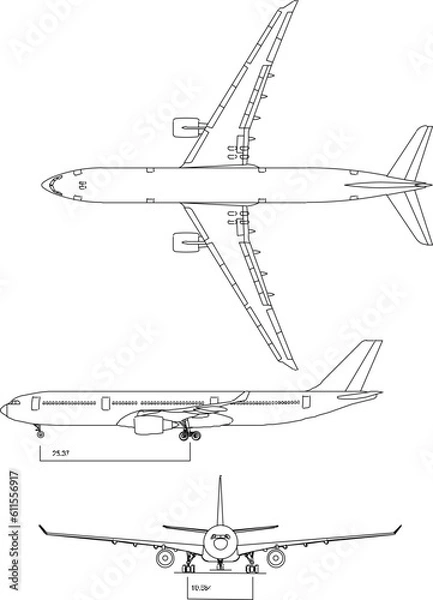 Fototapeta Passenger airplane detailed sketch illustration vector with sketch sizes