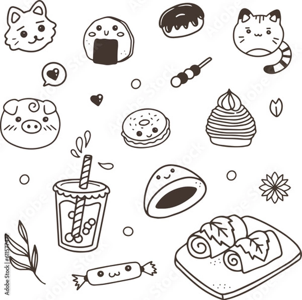 Fototapeta Hand drawn set of simple decorative elements. Various icons such as hearts, stars, speech bubbles, arrows, lines isolated on white background.