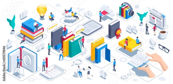 Fototapeta isometric vector illustration on white background, reading concept, people read books and work with literature, learning and leisure