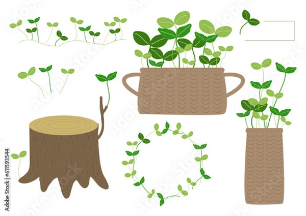 Obraz 新芽 籠 切り株 イラストセット