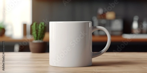 Fototapeta AI Generated. AI Generative. Ceramic white color mug cup morning tea coffee on wood table in bright kitchen. Can be used for promotrion or graphic design brand. Graphic Art