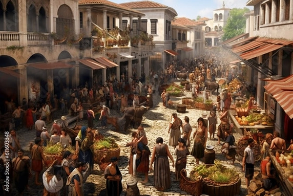 Fototapeta Ancient Greek Marketplace. Generative AI.
A digital illustration of an active ancient marketplace on market day.