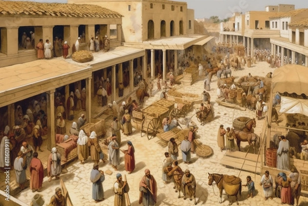 Fototapeta Ancient Greek Marketplace. Generative AI.
A digital illustration of an active ancient marketplace on market day.