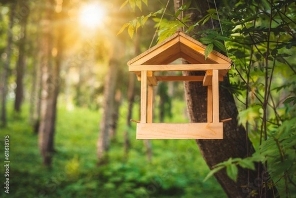 Obraz Photo of an open wooden birdhouse in a forest area with the rays of the sun falling on it.