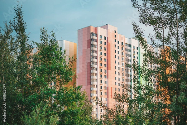 Obraz Moscow, Russia - 8 June 2023: Multi-colored multi-storey building in the city of Dolgoprudny, Moscow Region.