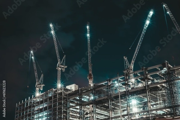 Obraz Moscow, Russia - 8 June 2023: Night photo of a skyscraper under construction in the center of Moscow, on the roof of which there are large cranes, Moscow City.