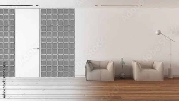 Fototapeta Architect interior designer concept: hand-drawn draft unfinished project that becomes real, minimal waiting sitting room. Glass brick walls. Modern interior design idea