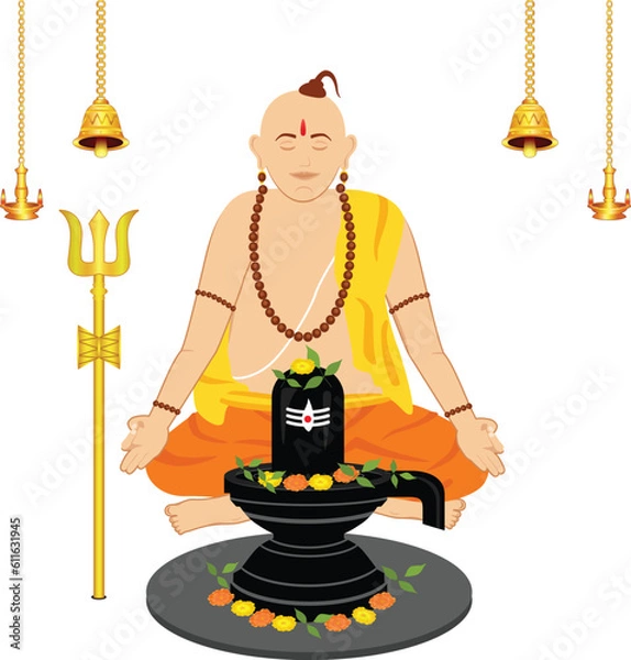 Fototapeta Creative and professional design of the Indian priest panditji meditating and chanting Om namah shivaya in front of the Shiva linga.