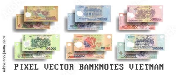 Obraz Vector set of pixelated mosaic banknotes of Vietnam. Denomination from 10000 to 500000 Vietnamese dong.