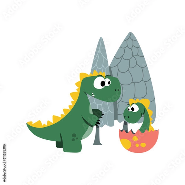 Fototapeta Two dinosaurs - a large dinosaur and a baby in an egg. Vector illustration.