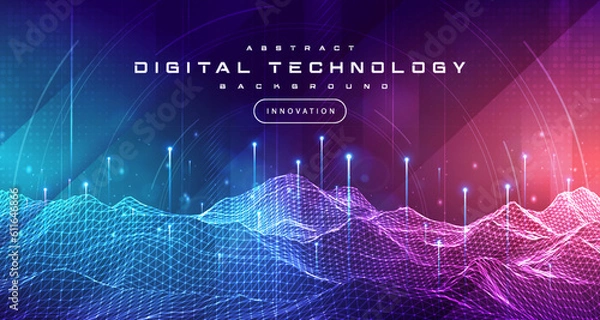 Obraz Technologia cyfrowa Metaverse Neon Blue Purple Tła, Cyber ​​informacja Streszczenie Speed ​​Connect Connect Communication, Innovation Future Meta Tech, Internet Network Connection, AI Big Data, Ilustration 3D