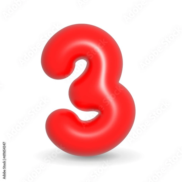 Fototapeta Glossy, luxury and colorful red balloon number three. 3d realistic design element isolated on white background. For Events, Sales, Birthday cake.